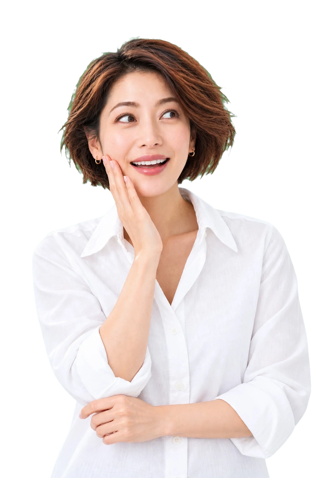 驚いた表情で右側の説明を見る女性のイメージ